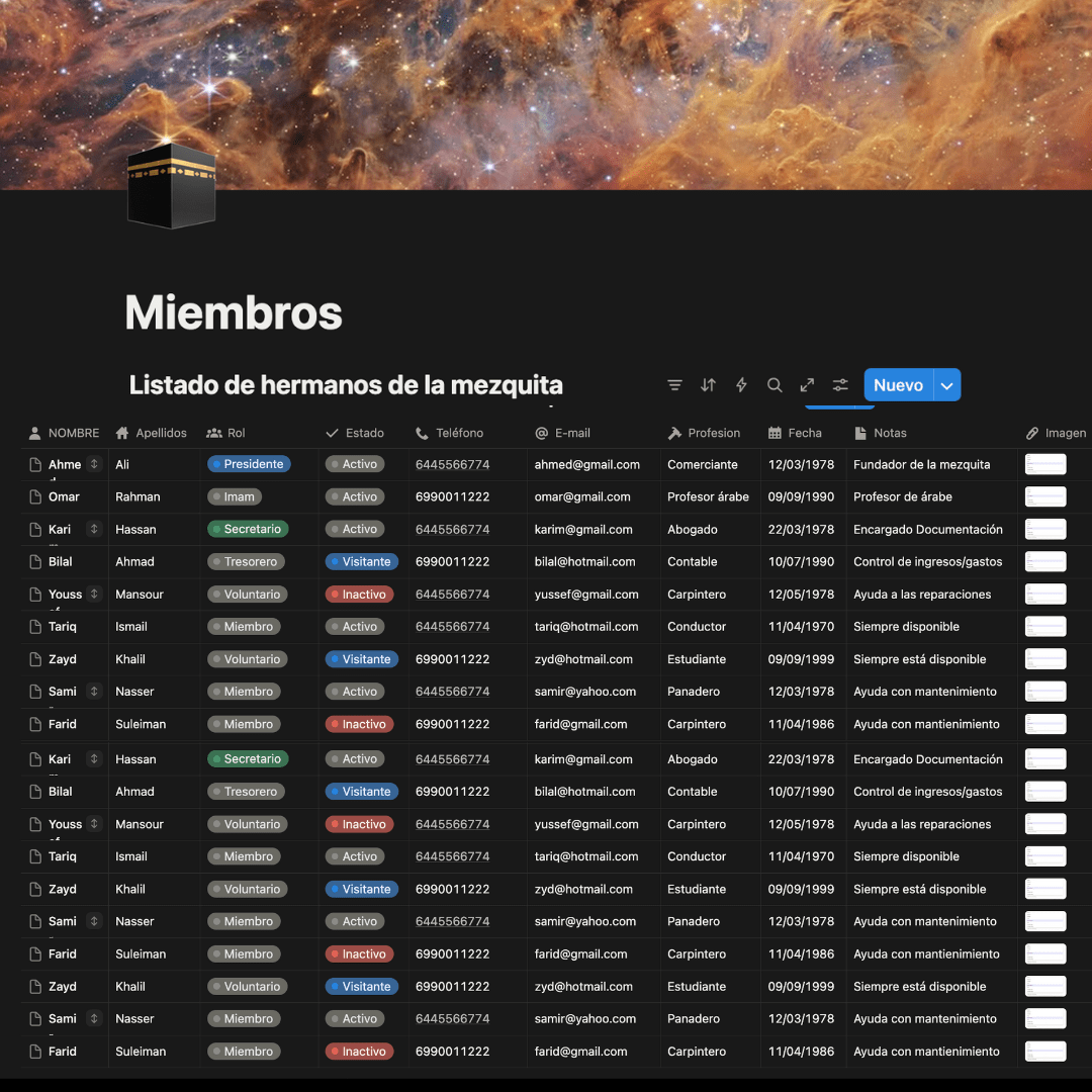Plantilla de miembros de la mezquita en Notion para gestión de la comunidad