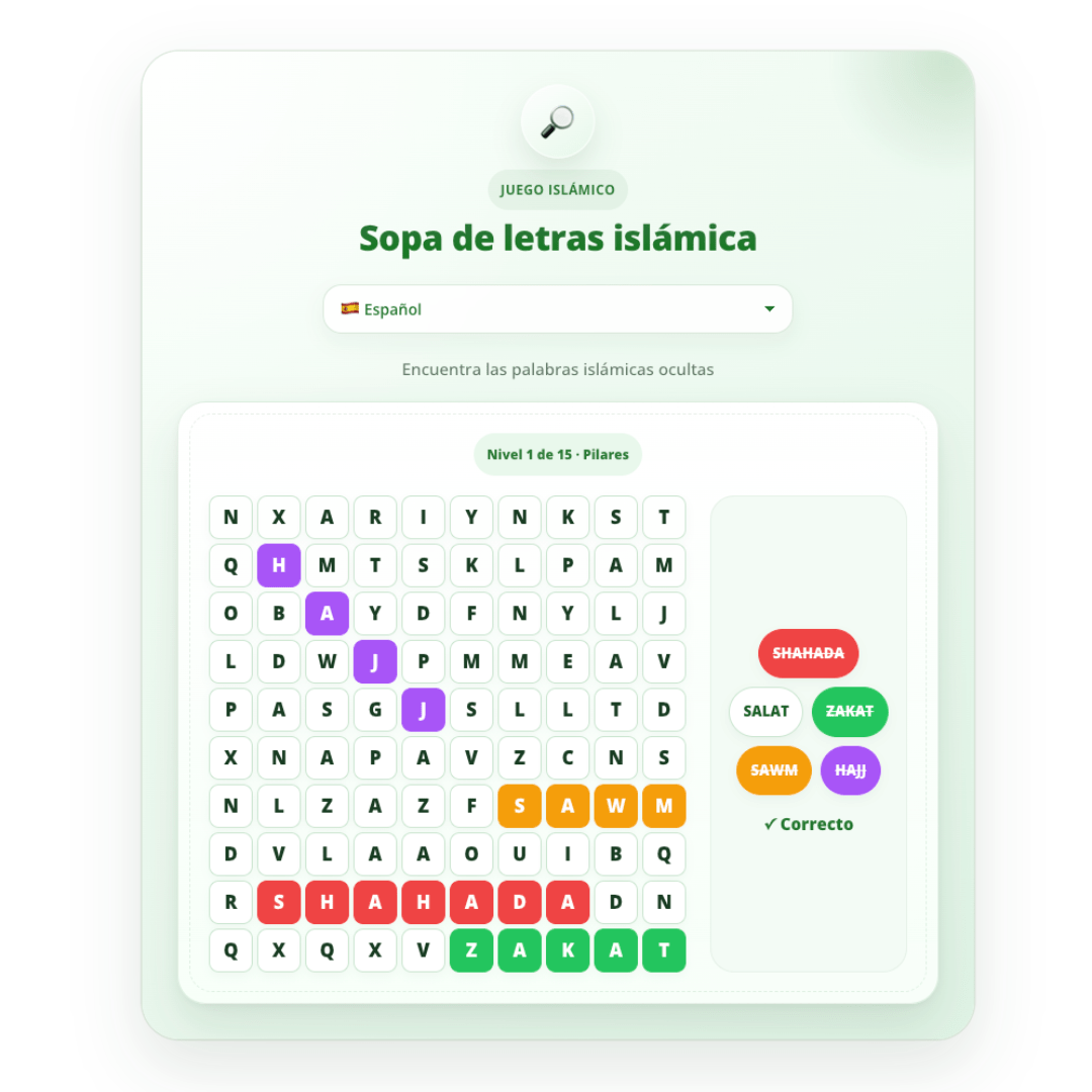 Diseño sin título - 2026-05-05T235511.211 Sopa de letras interactiva sobre el Islam donde los estudiantes deben encontrar palabras clave relacionadas con la fe y la práctica.