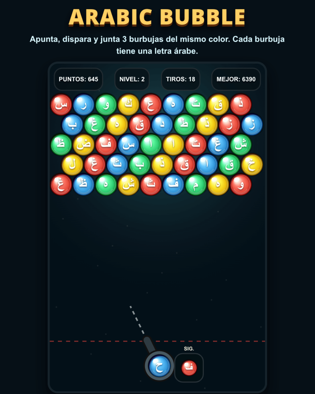 arabic-buble-juego-aprender-arabe Sopa de letras interactiva sobre el Islam donde los estudiantes deben encontrar palabras clave relacionadas con la fe y la práctica.